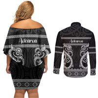 Kia Ora New Zealand Couples Matching Off Shoulder Short Dress and Long Sleeve Button Shirt Maori Language Week Pango Taniko Motif LT14 - Polynesian Pride