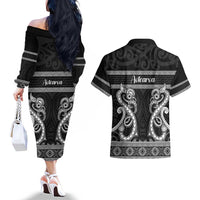 Kia Ora New Zealand Couples Matching Off The Shoulder Long Sleeve Dress and Hawaiian Shirt Maori Language Week Pango Taniko Motif LT14 - Polynesian Pride