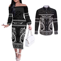 Kia Ora New Zealand Couples Matching Off The Shoulder Long Sleeve Dress and Long Sleeve Button Shirt Maori Language Week Pango Taniko Motif LT14 Black - Polynesian Pride