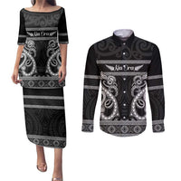 Kia Ora New Zealand Couples Matching Puletasi and Long Sleeve Button Shirt Maori Language Week Pango Taniko Motif LT14 Black - Polynesian Pride