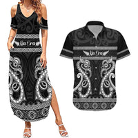 Kia Ora New Zealand Couples Matching Summer Maxi Dress and Hawaiian Shirt Maori Language Week Pango Taniko Motif LT14 Black - Polynesian Pride