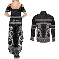 Kia Ora New Zealand Couples Matching Summer Maxi Dress and Long Sleeve Button Shirt Maori Language Week Pango Taniko Motif LT14 - Polynesian Pride