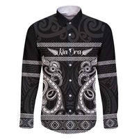 Kia Ora New Zealand Family Matching Short Sleeve Bodycon Dress and Hawaiian Shirt Maori Language Week Pango Taniko Motif LT14 Dad's Shirt - Long Sleeve Black - Polynesian Pride
