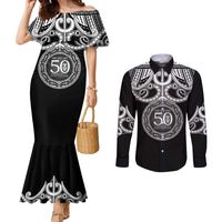 Kia Kaha Te Reo Maori New Zealand Couples Matching Mermaid Dress and Long Sleeve Button Shirt 50th Anniversary Ake Ake Ake LT14 Black - Polynesian Pride