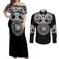 Kia Kaha Te Reo Maori New Zealand Couples Matching Off Shoulder Maxi Dress and Long Sleeve Button Shirt 50th Anniversary Ake Ake Ake LT14 Black - Polynesian Pride