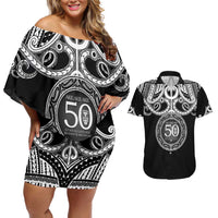 Kia Kaha Te Reo Maori New Zealand Couples Matching Off Shoulder Short Dress and Hawaiian Shirt 50th Anniversary Ake Ake Ake LT14 Black - Polynesian Pride