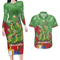 Kakapo New Zealand Christmas Couples Matching Long Sleeve Bodycon Dress and Hawaiian Shirt Meri Kirihimete Pohutukawa - Green Color LT14 Green - Polynesian Pride
