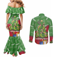 Kakapo New Zealand Christmas Couples Matching Mermaid Dress and Long Sleeve Button Shirt Meri Kirihimete Pohutukawa - Green Color LT14 - Polynesian Pride