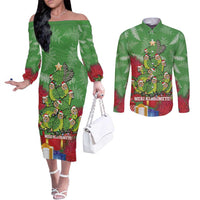 Kakapo New Zealand Christmas Couples Matching Off The Shoulder Long Sleeve Dress and Long Sleeve Button Shirt Meri Kirihimete Pohutukawa - Green Color LT14 Green - Polynesian Pride