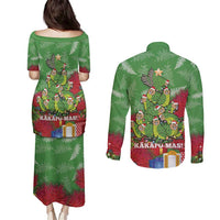 Kakapo New Zealand Christmas Couples Matching Puletasi and Long Sleeve Button Shirt Meri Kirihimete Pohutukawa - Green Color LT14 - Polynesian Pride