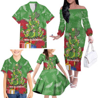 Kakapo New Zealand Christmas Family Matching Off The Shoulder Long Sleeve Dress and Hawaiian Shirt Meri Kirihimete Pohutukawa - Green Color LT14 - Polynesian Pride