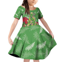 Kakapo New Zealand Christmas Family Matching Off Shoulder Short Dress and Hawaiian Shirt Meri Kirihimete Pohutukawa - Green Color LT14 Daughter's Dress Green - Polynesian Pride