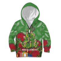 Kakapo New Zealand Christmas Kid Hoodie Meri Kirihimete Pohutukawa - Green Color LT14 Zip Hoodie Green - Polynesian Pride