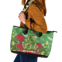 Kakapo New Zealand Christmas Leather Tote Bag Meri Kirihimete Pohutukawa - Green Color LT14 Green - Polynesian Pride