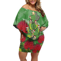 Kakapo New Zealand Christmas Off Shoulder Short Dress Meri Kirihimete Pohutukawa - Green Color LT14 Women Green - Polynesian Pride