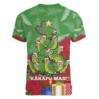 Kakapo New Zealand Christmas Women V-Neck T-Shirt Meri Kirihimete Pohutukawa - Green Color LT14 - Polynesian Pride
