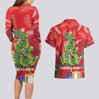 Kakapo New Zealand Christmas Couples Matching Long Sleeve Bodycon Dress and Hawaiian Shirt Meri Kirihimete Pohutukawa - Red Color LT14 - Polynesian Pride