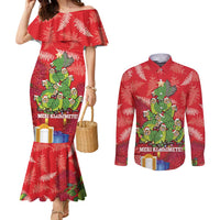 Kakapo New Zealand Christmas Couples Matching Mermaid Dress and Long Sleeve Button Shirt Meri Kirihimete Pohutukawa - Red Color LT14 Red - Polynesian Pride