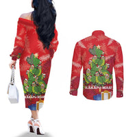 Kakapo New Zealand Christmas Couples Matching Off The Shoulder Long Sleeve Dress and Long Sleeve Button Shirt Meri Kirihimete Pohutukawa - Red Color LT14 - Polynesian Pride