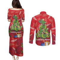 Kakapo New Zealand Christmas Couples Matching Puletasi and Long Sleeve Button Shirt Meri Kirihimete Pohutukawa - Red Color LT14 - Polynesian Pride
