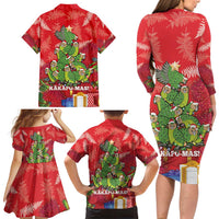 Kakapo New Zealand Christmas Family Matching Long Sleeve Bodycon Dress and Hawaiian Shirt Meri Kirihimete Pohutukawa - Red Color LT14 - Polynesian Pride