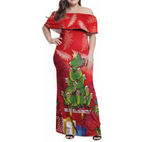 Kakapo New Zealand Christmas Family Matching Off Shoulder Maxi Dress and Hawaiian Shirt Meri Kirihimete Pohutukawa - Red Color LT14 Mom's Dress Red - Polynesian Pride