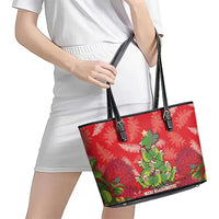 Kakapo New Zealand Christmas Leather Tote Bag Meri Kirihimete Pohutukawa - Red Color LT14 - Polynesian Pride