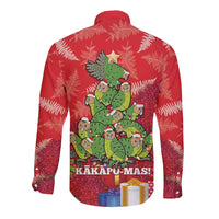 Kakapo New Zealand Christmas Long Sleeve Button Shirt Meri Kirihimete Pohutukawa - Red Color LT14 - Polynesian Pride