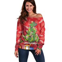 Kakapo New Zealand Christmas Off Shoulder Sweater Meri Kirihimete Pohutukawa - Red Color LT14 Women Red - Polynesian Pride