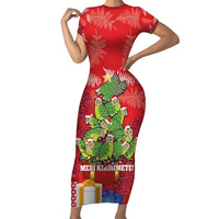 Kakapo New Zealand Christmas Short Sleeve Bodycon Dress Meri Kirihimete Pohutukawa - Red Color LT14 Long Dress Red - Polynesian Pride