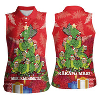 Kakapo New Zealand Christmas Women Sleeveless Polo Shirt Meri Kirihimete Pohutukawa - Red Color LT14 - Polynesian Pride