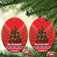 Kiwi New Zealand Christmas Ceramic Ornament Meri Kirihimete Silver Fern - Red Color LT14 Oval Red - Polynesian Pride