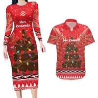 Kiwi New Zealand Christmas Couples Matching Long Sleeve Bodycon Dress and Hawaiian Shirt Meri Kirihimete Silver Fern - Red Color LT14 Red - Polynesian Pride