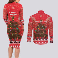Kiwi New Zealand Christmas Couples Matching Long Sleeve Bodycon Dress and Long Sleeve Button Shirt Meri Kirihimete Silver Fern - Red Color LT14 - Polynesian Pride