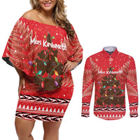 Kiwi New Zealand Christmas Couples Matching Off Shoulder Short Dress and Long Sleeve Button Shirt Meri Kirihimete Silver Fern - Red Color LT14 Red - Polynesian Pride