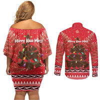 Kiwi New Zealand Christmas Couples Matching Off Shoulder Short Dress and Long Sleeve Button Shirt Meri Kirihimete Silver Fern - Red Color LT14 - Polynesian Pride