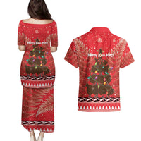 Kiwi New Zealand Christmas Couples Matching Puletasi and Hawaiian Shirt Meri Kirihimete Silver Fern - Red Color LT14 - Polynesian Pride