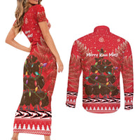 Kiwi New Zealand Christmas Couples Matching Short Sleeve Bodycon Dress and Long Sleeve Button Shirt Meri Kirihimete Silver Fern - Red Color LT14 - Polynesian Pride