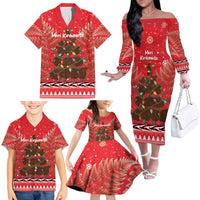 Kiwi New Zealand Christmas Family Matching Off The Shoulder Long Sleeve Dress and Hawaiian Shirt Meri Kirihimete Silver Fern - Red Color LT14 - Polynesian Pride