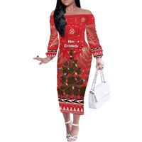 Kiwi New Zealand Christmas Family Matching Off The Shoulder Long Sleeve Dress and Hawaiian Shirt Meri Kirihimete Silver Fern - Red Color LT14 Mom's Dress Red - Polynesian Pride