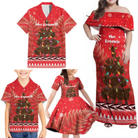 Kiwi New Zealand Christmas Family Matching Off Shoulder Maxi Dress and Hawaiian Shirt Meri Kirihimete Silver Fern - Red Color LT14 - Polynesian Pride