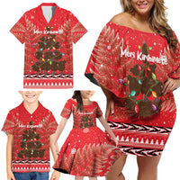 Kiwi New Zealand Christmas Family Matching Off Shoulder Short Dress and Hawaiian Shirt Meri Kirihimete Silver Fern - Red Color LT14 - Polynesian Pride