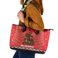 Kiwi New Zealand Christmas Leather Tote Bag Meri Kirihimete Silver Fern - Red Color LT14 Red - Polynesian Pride