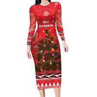 Kiwi New Zealand Christmas Long Sleeve Bodycon Dress Meri Kirihimete Silver Fern - Red Color LT14 Long Dress Red - Polynesian Pride