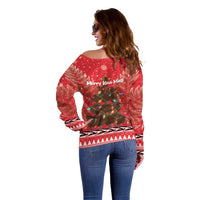 Kiwi New Zealand Christmas Off Shoulder Sweater Meri Kirihimete Silver Fern - Red Color LT14 - Polynesian Pride