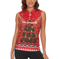 Kiwi New Zealand Christmas Women Sleeveless Polo Shirt Meri Kirihimete Silver Fern - Red Color LT14 - Polynesian Pride