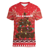 Kiwi New Zealand Christmas Women V-Neck T-Shirt Meri Kirihimete Silver Fern - Red Color LT14 Female Red - Polynesian Pride