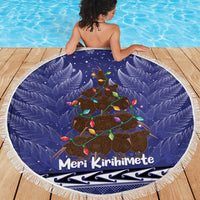 Kiwi New Zealand Christmas Beach Blanket Meri Kirihimete Silver Fern - Blue Color LT14 - Polynesian Pride