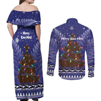 Kiwi New Zealand Christmas Couples Matching Off Shoulder Maxi Dress and Long Sleeve Button Shirt Meri Kirihimete Silver Fern - Blue Color LT14 - Polynesian Pride