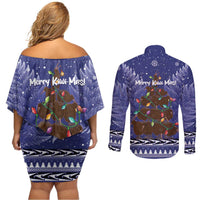 Kiwi New Zealand Christmas Couples Matching Off Shoulder Short Dress and Long Sleeve Button Shirt Meri Kirihimete Silver Fern - Blue Color LT14 - Polynesian Pride